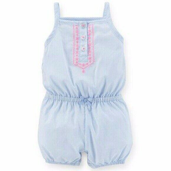 Carter's Girls Romper Size 6 Months Blue White Ticking Stripe Neon Pink NEW - Picture 1 of 6